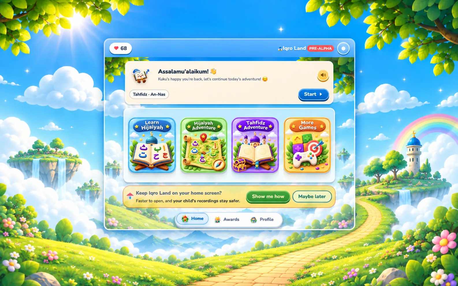 Concept visualization of the Iqro Land home screen: a greeting card from the Kuku mascot above four menu tiles — Learn Hijaiyah, Hijaiyah Adventure, Tahfidz Adventure, and More Games.