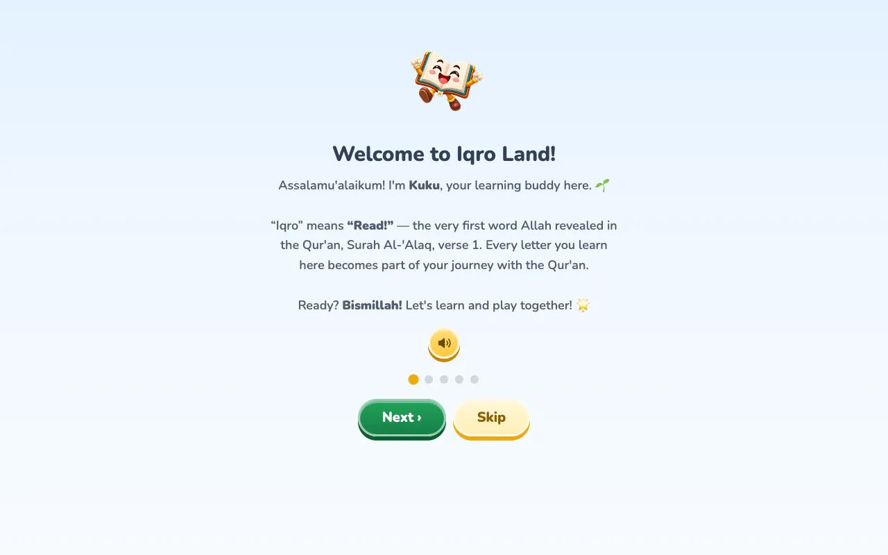 Iqro Land onboarding slide introducing Kuku the mascot and the meaning of "Iqro"