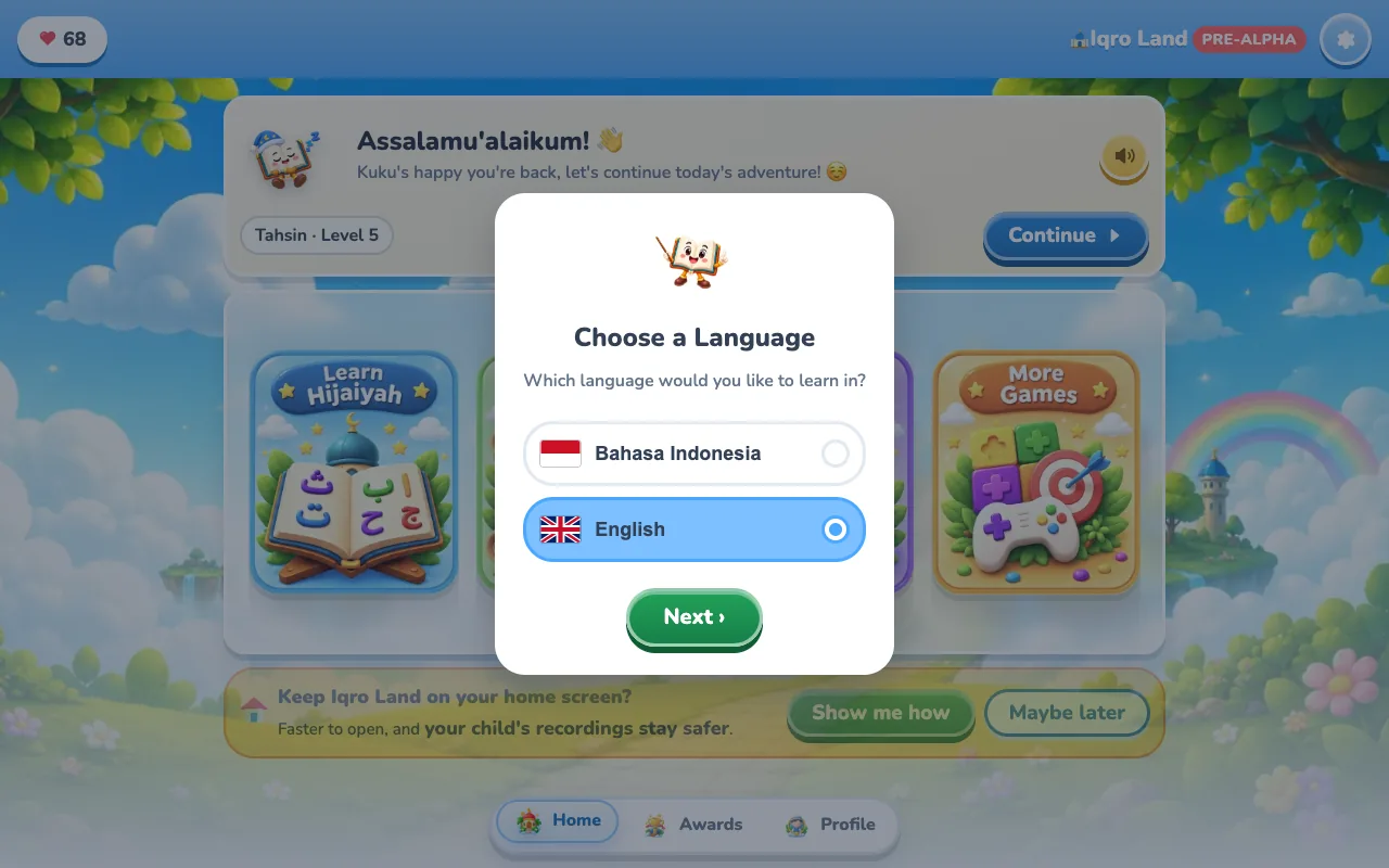 Language picker dialog offering Bahasa Indonesia or English