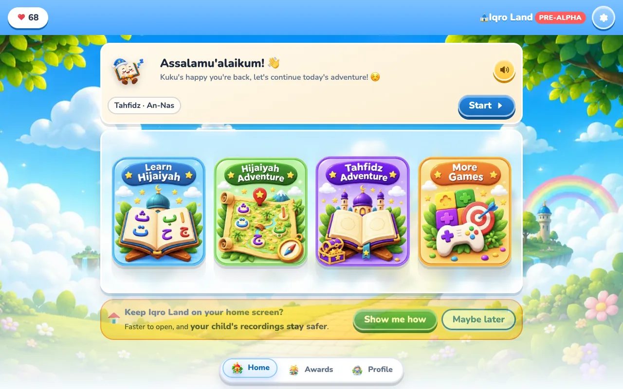 Home screen with the adaptive greeting card and the four learning-path tiles
