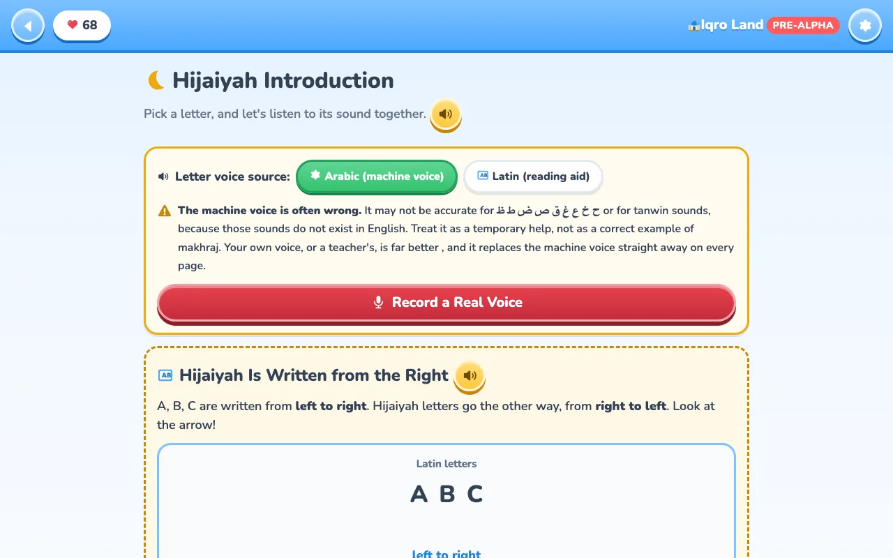 Hijaiyah Introduction screen with a toggle between machine voice and Latin reading aid, and a warning about machine-voice accuracy