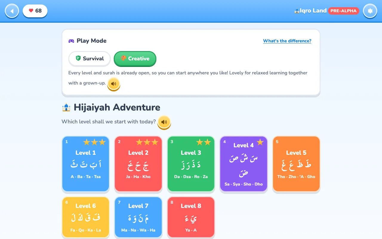 Hijaiyah Adventure level-select screen showing eight levels with star ratings