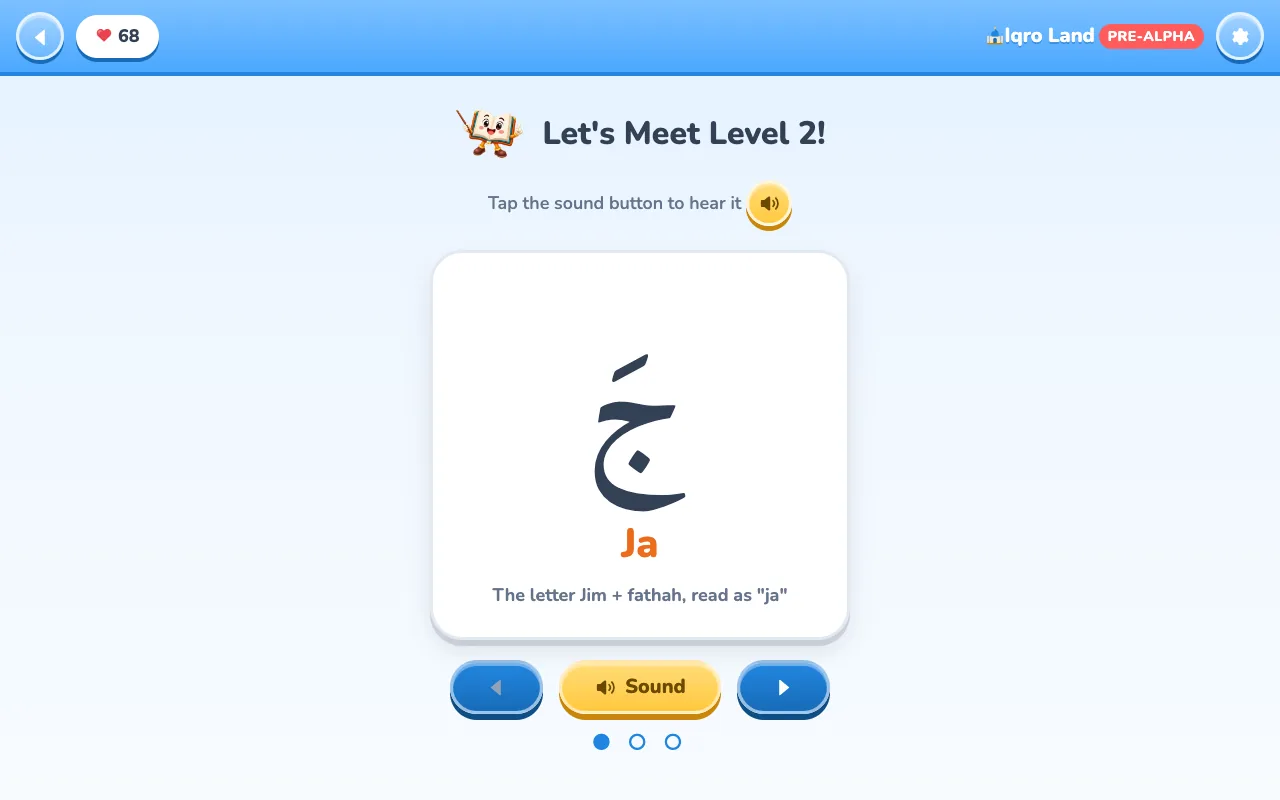 Letter flashcard for Level 2 showing the letter Ja with a sound button