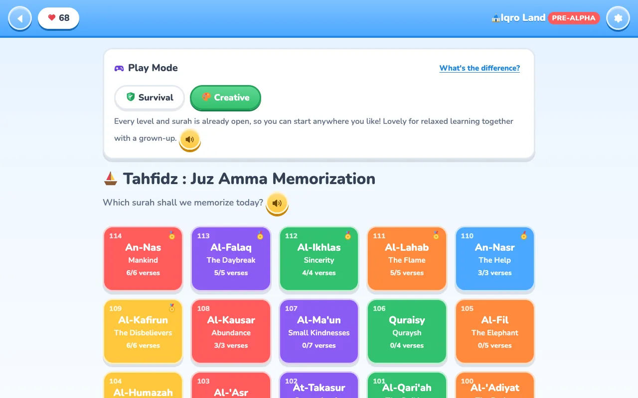 Tahfidz Adventure screen with Survival and Creative play modes above a grid of Juz 'Amma surahs