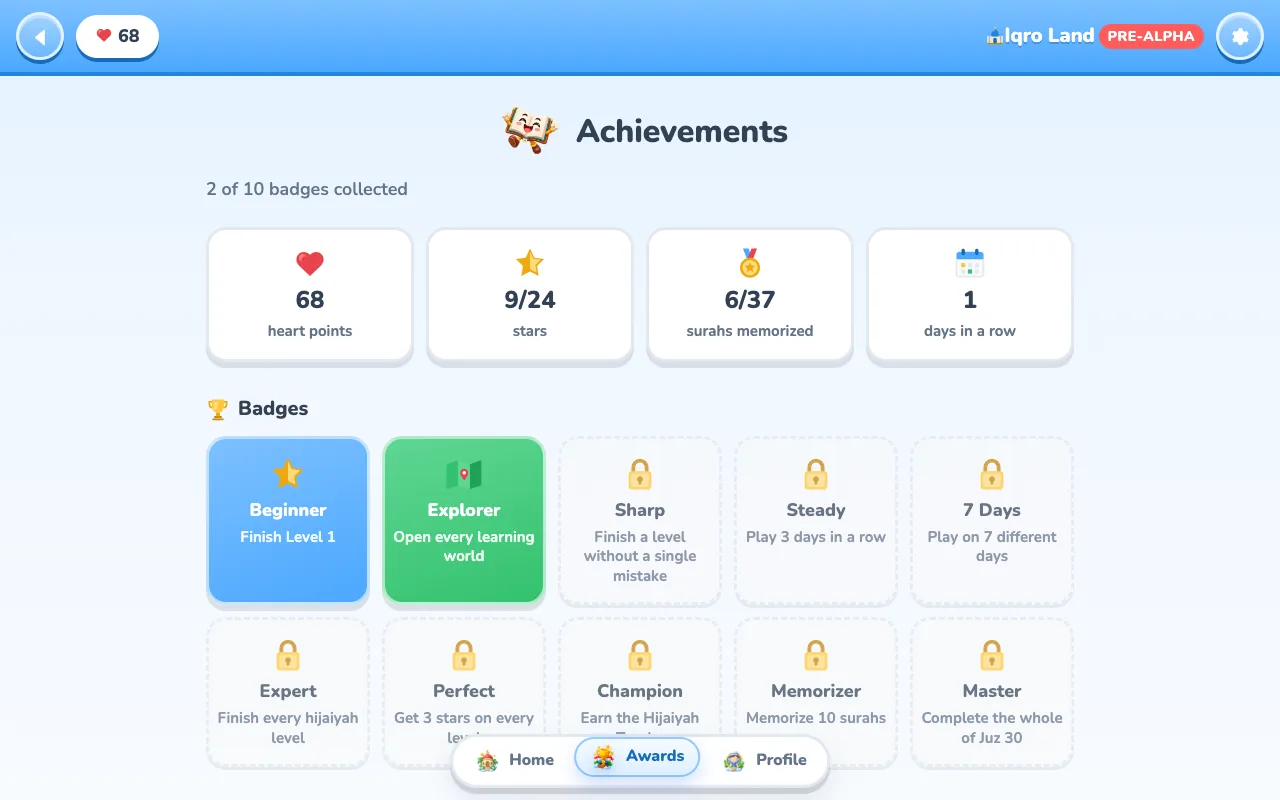 Achievements screen showing heart points, stars, surahs memorized, streak, and a badge grid