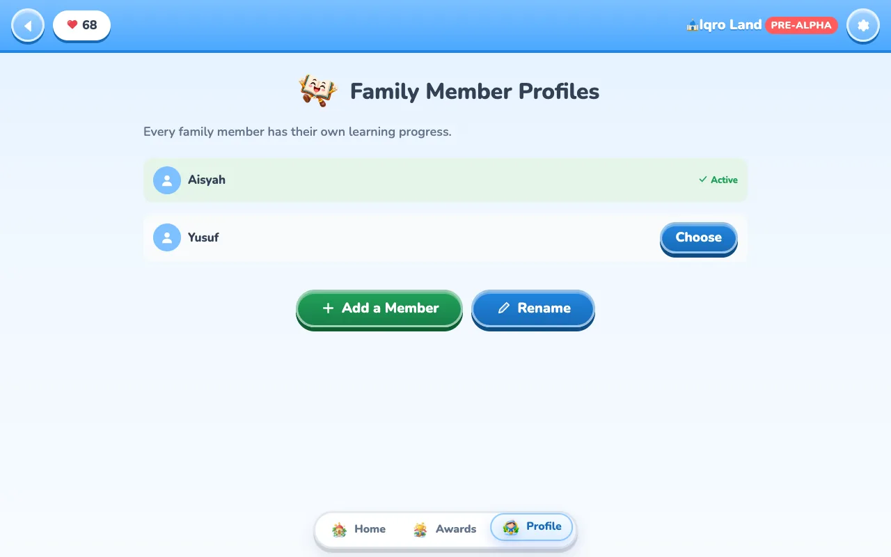 Family Member Profiles screen with two children's profiles and an Add a Member button